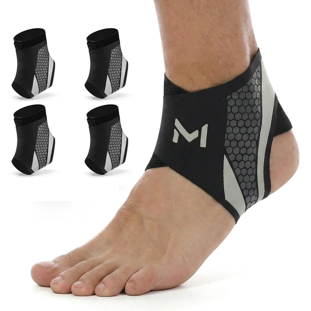 4Pcs Ankle Brace for Men & Women, Adjustable Ankle Wrap Support for Sprain Recovery Tendonitis Protection, Breathable Foot Stabilizer Brace Fit for Soccer Basketball Running Sports (Gray)