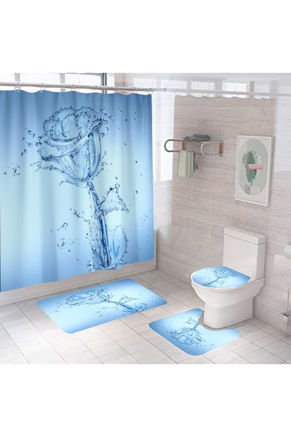4Pcs Art Blue Splash Printed Shower Curtain Beautiful Wide Fabric Toilet Bath Curtain with Non-Slip Rug, Toilet Lid Cover, Bath Mat and 12 Hooks, Romantic Showy Floral Wedding Decor for Bath