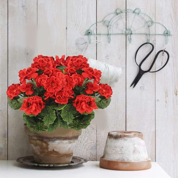 4Pcs Artifici Fake Silk Flowers for Decoration, Red Geranium Silk Flowers, UV Resistant Garden Plants Bush Faux Flower for Home Wedding Kitchen Table Centerpieces Decor