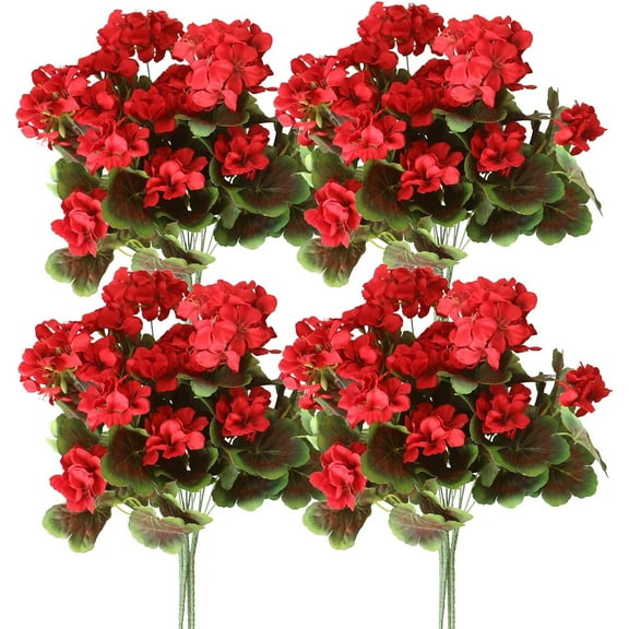 4Pcs Artifici Fake Silk Flowers for Decoration, Red Geranium Silk Flowers, UV Resistant Garden Plants Bush Faux Flower for Home Wedding Kitchen Table Centerpieces Decor