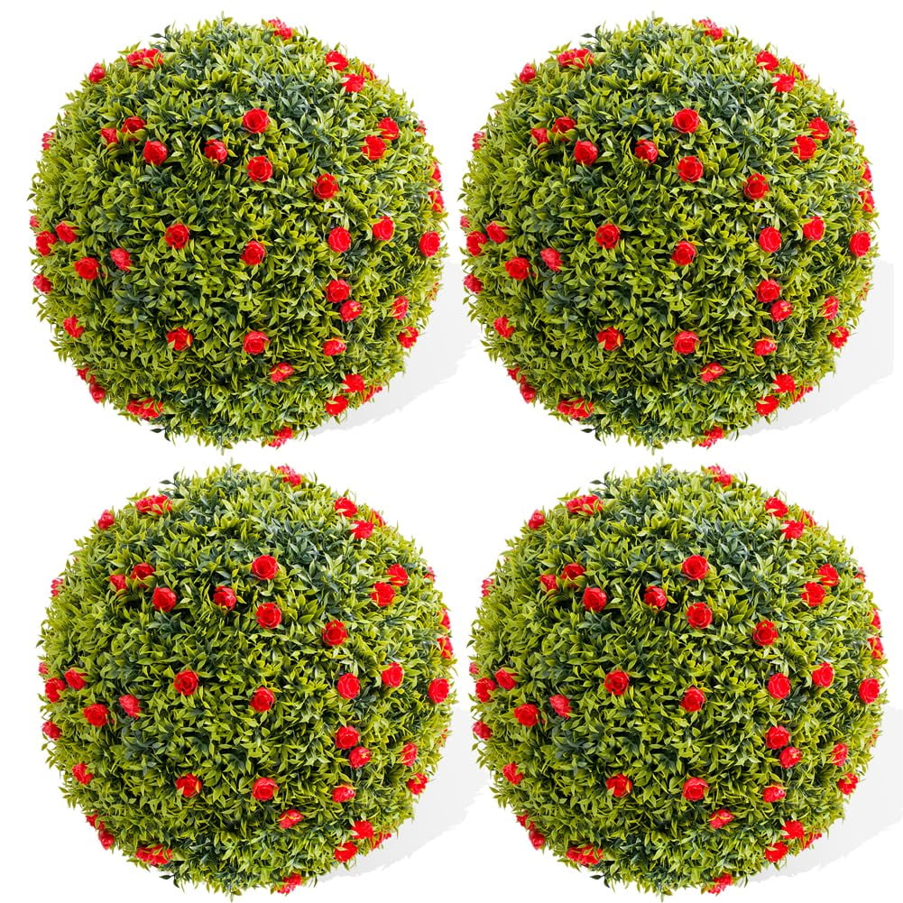 4Pcs Artificial Boxwood Topiary Ball with Flowers - 12.6" Faux Greenery for Outdoor Planters, Porch & Patio Decor