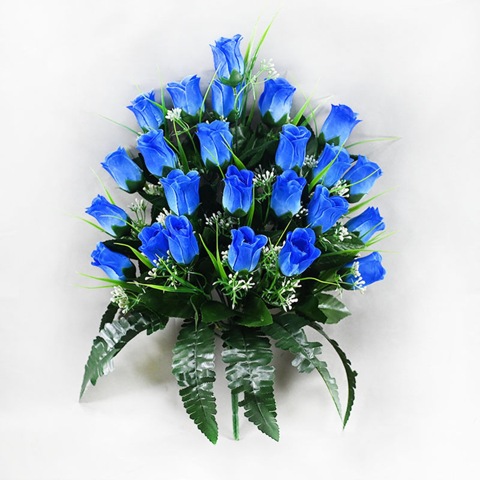 4Pcs Artificial Cemetery Flowers Realistic Roses With White Daisies Memorial Flowers Plastic Memorial Bouquets For Mourn Headstones Decoration-Blue