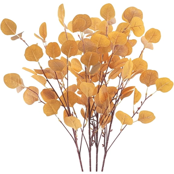 4Pcs Artificial Euc Leaves Stems 33.8 Euc Branches Orange Fake Fall Flowers for Home Fireplace Farmhouse Party Wedding Table Bathroom Autumn Dcor