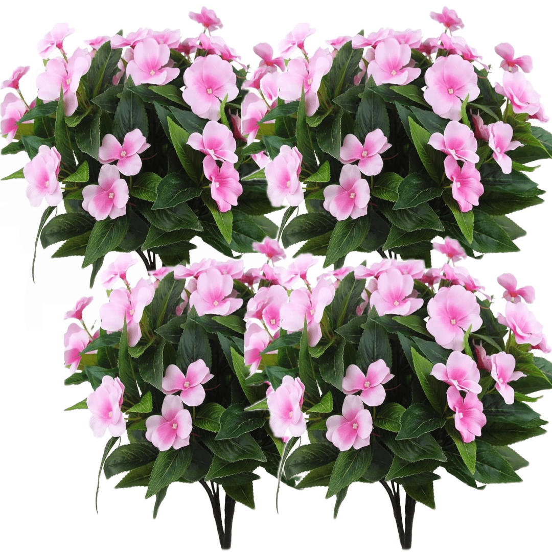 4Pcs Artificial Flowers for Outdoors, 15.74" Faux Silk Impatiens Flowers for Outside, Artificial Impatiens Flowers Lawn Garden Home Wedding Decoration (Pink)