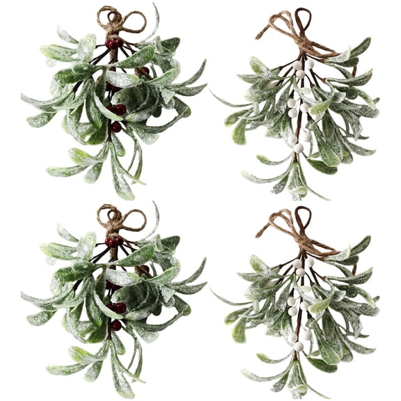 4Pcs Artificial Mistletoe Bouquets Artificial Mistletoe Picks with Red Berries Fake Mistletoe Flower Christmas Tree Hanging Ornaments for Xmas Home Decor