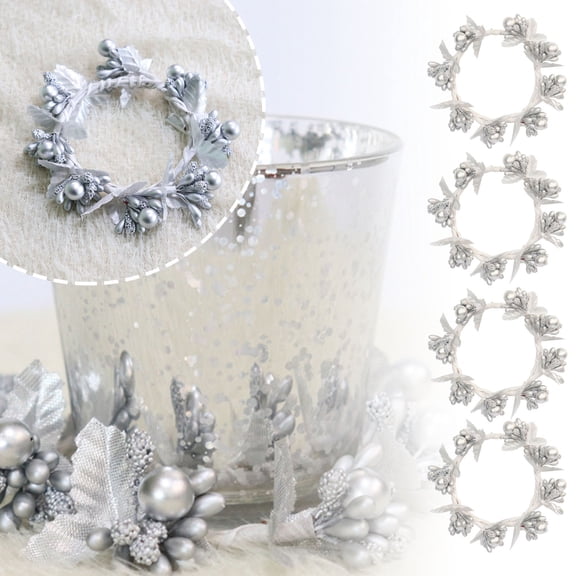 4Pcs Artificial Mistletoe Candle Rings with Pearls, Mini Floral Wreath for Pillar Candles, Christmas Wedding Table Centerpiece Home Decor