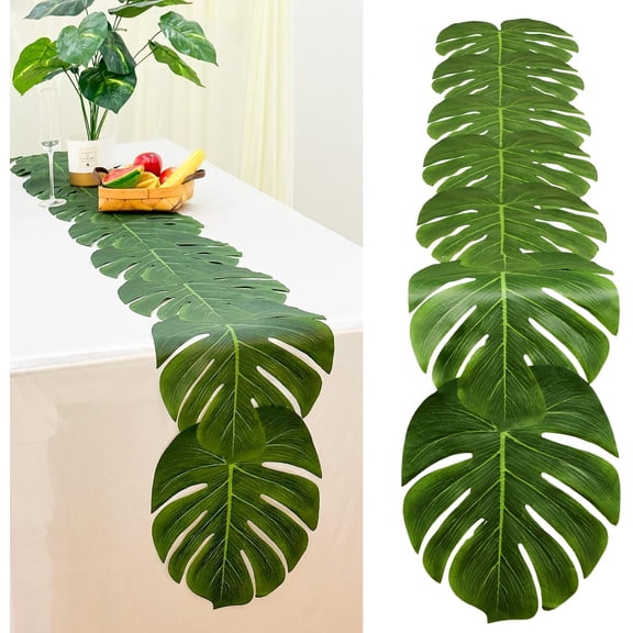 4Pcs Artificial Palm Leaves Table Runners 72 Inch, Tropical Palm Leaves Table Runner Faux Leaf Table Cloth for Wedding Hawaiian Luau Jungle Summer Party Tropical Baby Shower Table Decorations