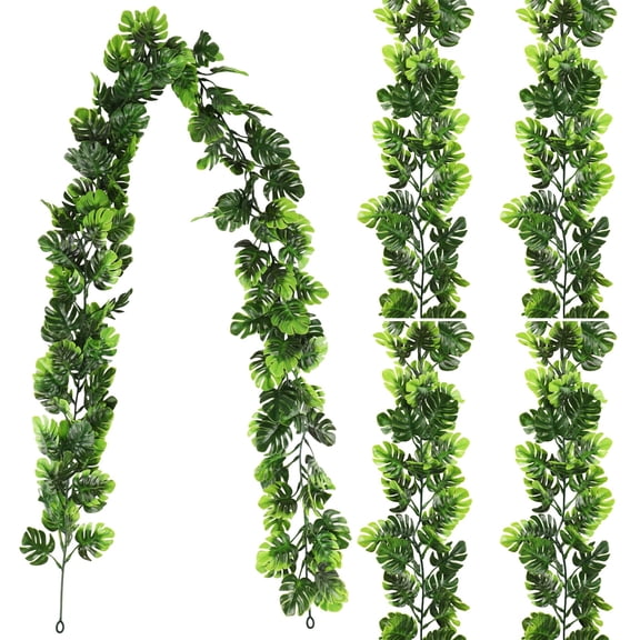 4 PCS Artificial Monstera Leaf Vines, 5.8 Ft Fake Hanging Greenery Plants with Detachable Tropical Palm Leaves, Plastic Ivy Monstera Garland for Home Garden Porch Patio, Hawaiian Party Decor