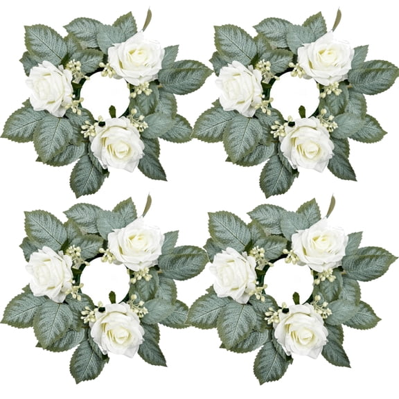 4Pcs Artificial Rose Candle Rings - Floral Wreaths with Green Leaves Greenery Garland for Pillar Candle Lantern Wedding Centerpiece Party Home Table Decor