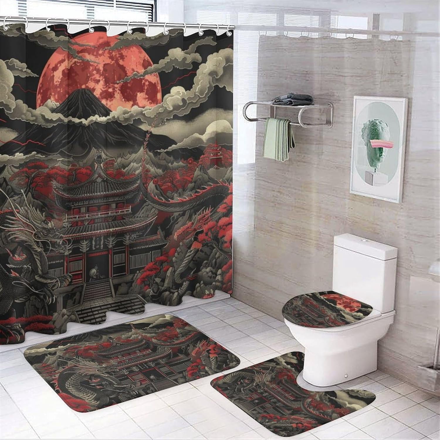 4Pcs Asian Dragon Shower Curtain Set with Rugs, Toilet Lid Cover and ...