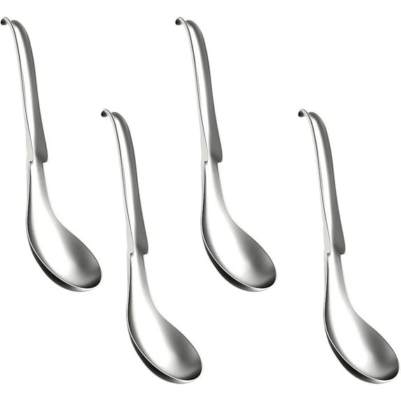 4Pcs Asian Soup Spoons Stainless Steel Dinner Rice Spoons With Round Soup Spoons.Asian Soup Spoon.Notch and Hook Style. Metal Spoons.Chinese Won Ton Soup Spoon
