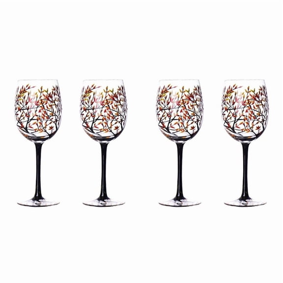 4Pcs Autumn Tree Wine Glass - Fall Colors - Leaves of Red, Yellow, Orange - Hand Painted - Fall Leaf