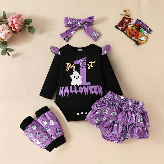 4Pcs Baby Girls My 1st Halloween Party Costumes Ghost Printed Outfits Long Sleeve Romper + Layered Shorts + Leg Warmers + Headband Fall Clothes Set 0-18M