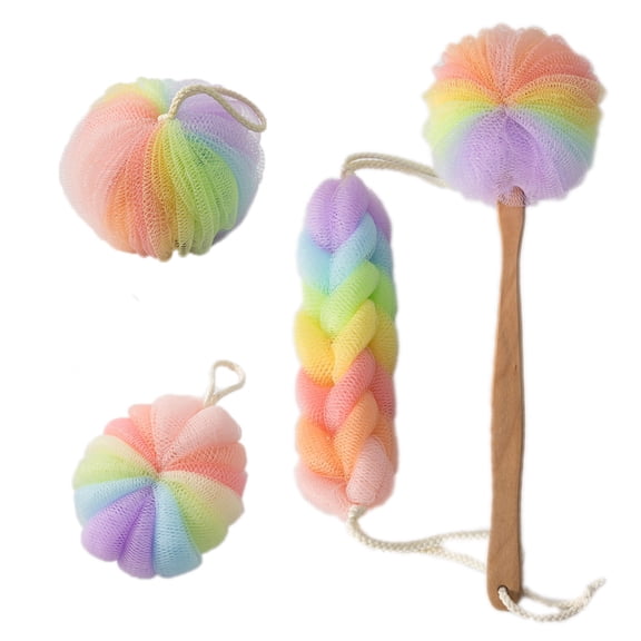4Pcs Back Scrubber for Shower, Rainbow Long Handle Back Loofah Shower Brush, Soft Nylon Mesh Back Cleaner Washer, Loofah On a Stick for Men Women, Loofah Sponge Exfoliating Body Scrubber for Skin Care