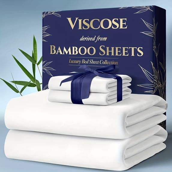 4Pcs Bamboo Cooling Bedding Set, Extra Deep Pocket Breathable Sheets for Hot Sleepers, Pillowcases, Flat Sheet & Fitted Sheet, Perfect Family Gift