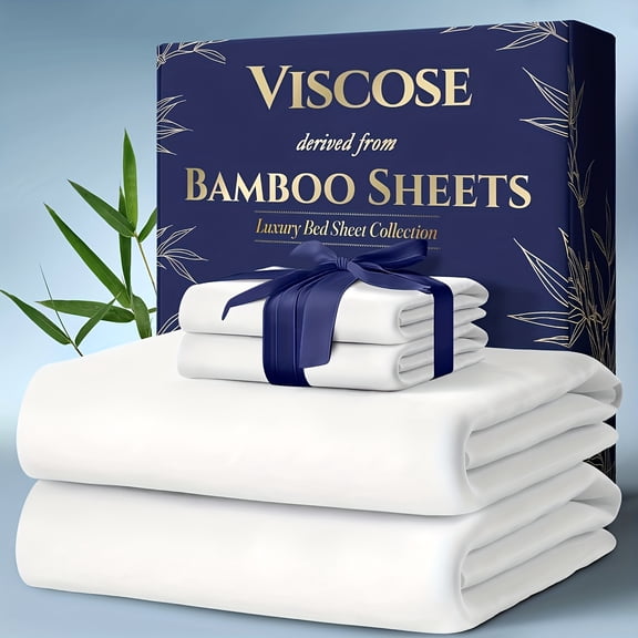 4Pcs Bamboo Cooling Bedding Set, Extra Deep Pocket Breathable Sheets for Hot Sleepers, Pillowcases, Flat Sheet & Fitted Sheet, Perfect Family Gift
