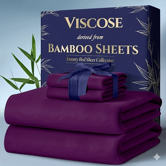 4Pcs Bamboo Cooling Bedding Set, Extra Deep Pocket Breathable Sheets for Hot Sleepers, Pillowcases, Flat Sheet & Fitted Sheet, Perfect Family Gift