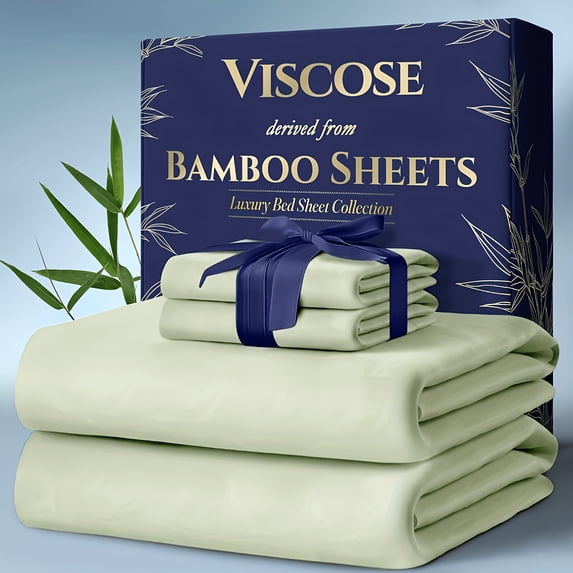 4Pcs Bamboo Cooling Bedding Set, Extra Deep Pocket Breathable Sheets for Hot Sleepers, Pillowcases, Flat Sheet & Fitted Sheet, Perfect Family Gift