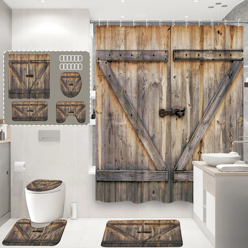 4Pcs Barn Door Shower Curtain Farm Rustic Planks Flower Green Farmhouse