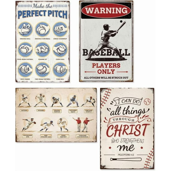 4Pcs Baseball Wall Decor Sign Vintage Metal Tin Retro Baseball Sports Wall Poster For Boys Room Decor 8 x 12 Inch