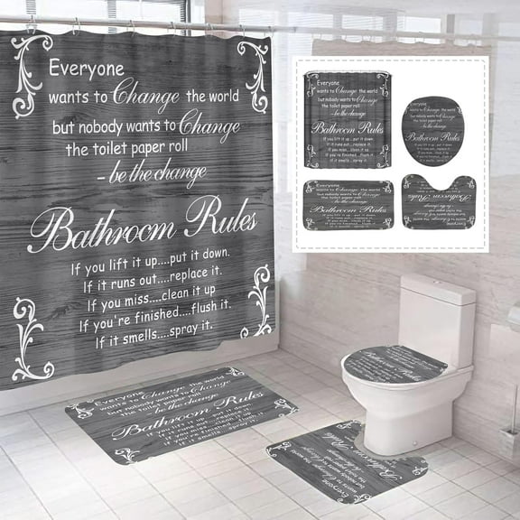 4Pcs Bathroom Rules Shower Curtain Sets, Gray Bathroom Decor Set, Bathroom Wooden Signs Shower Curtain with 12 Hooks, Bath Mat, Toilet Lid Rug and Non-Slip U Shape Mat Accessories, 72 x 72 Inch