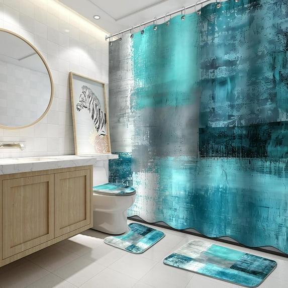 4Pcs Bathroom Sets with Shower Curtain and Rugs, Blue Orange White Abstract Bathroom Shower Curtain Sets, Blue Orange Modern Art Bathroom Sets with Rugs and Accessories
