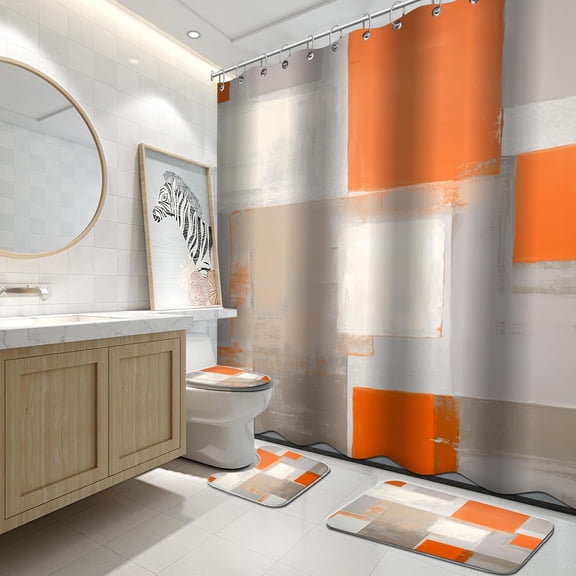 4Pcs Bathroom Sets with Shower Curtain and Rugs, Orange Abstract Bathroom Shower Curtain Sets, Orange Modern Art Bathroom Sets with Rugs and Accessories
