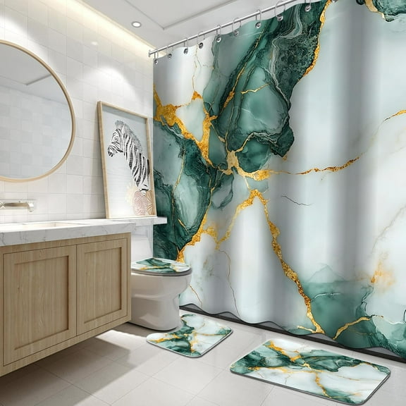 4Pcs Bathroom Sets with Shower Curtain sets and Rugs, Marble Bathroom Shower Curtain Sets, Green Grey Gold Modern Art Bathroom Sets with Rugs and Accessories