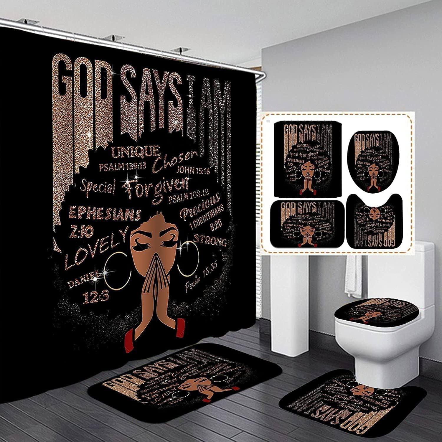4Pcs Bathroom Shower Curtain Sets, Inspirational Quote Afrcian American
