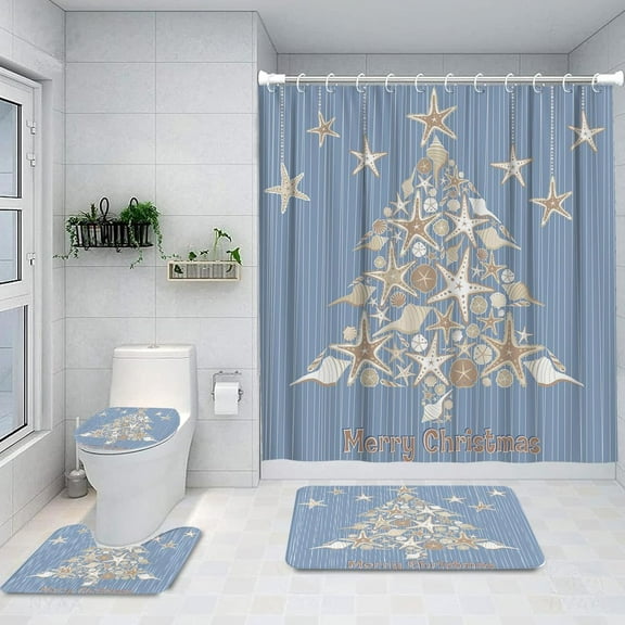 4Pcs Bathroom Shower Curtain Sets with Non-Slip Rugs, Toilet Lid Cover and Bath Mat,Beach Sea Shell Christmas Tree Durable Waterproof Shower Curtain for Bathroom Set with 12 Hooks