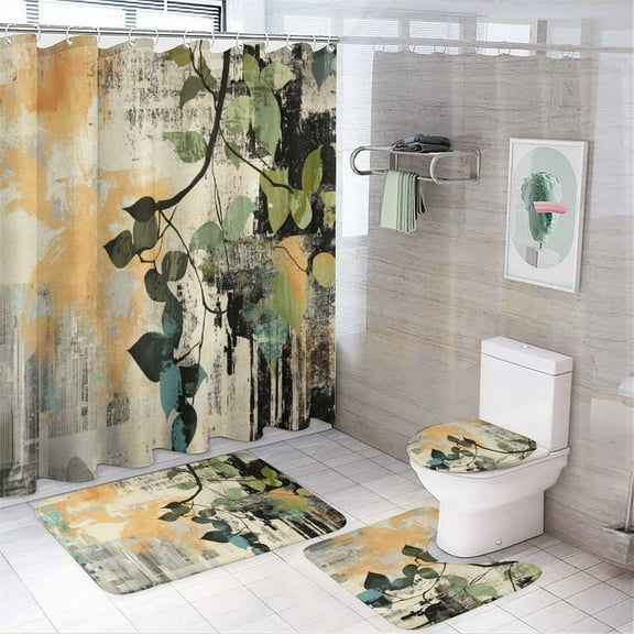 4Pcs Bathroom Shower Curtain Sets with Non-Slip Rugs, Bohemian Color Toilet Lid Cover And Bath Mat，Set with 12 Hooks