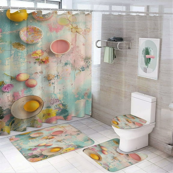 4Pcs Bathroom Shower Curtain Sets with Non-Slip Rugs, Bohemian Color Toilet Lid Cover And Bath Mat，Set with 12 Hooks