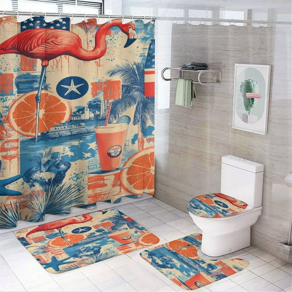 4Pcs Bathroom Shower Curtain Sets with Non-Slip Rugs, Bohemian Color Toilet Lid Cover And Bath Mat，Set with 12 Hooks