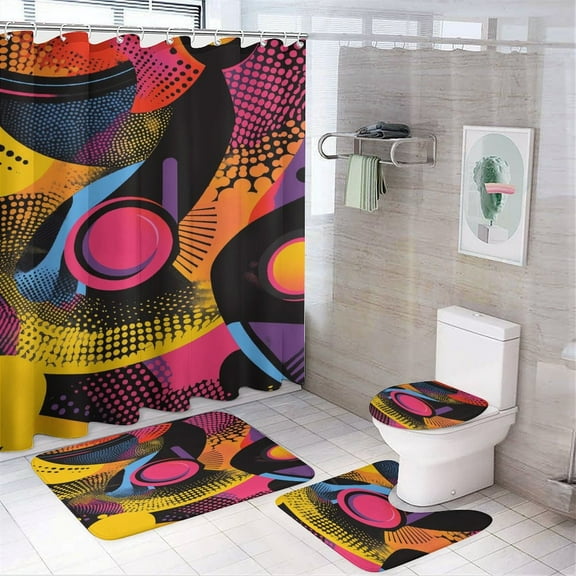 4Pcs Bathroom Shower Curtain Sets with Non-Slip Rugs, Color Wave Point Geometry Toilet Lid Cover And Bath Mat，Set with 12 Hooks