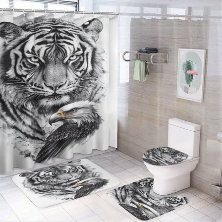 4Pcs Bathroom Shower Curtain Sets with Non-Slip Rugs, Leopard Lion Rose Toilet Lid Cover And Bath Mat，Set with 12 Hooks
