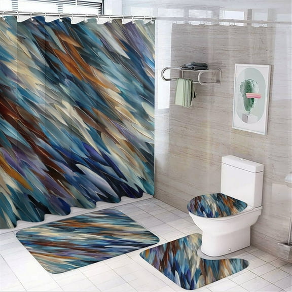 4Pcs Bathroom Shower Curtain Sets with Non-Slip Rugs, Marble Texture Toilet Lid Cover And Bath Mat，Set with 12 Hooks