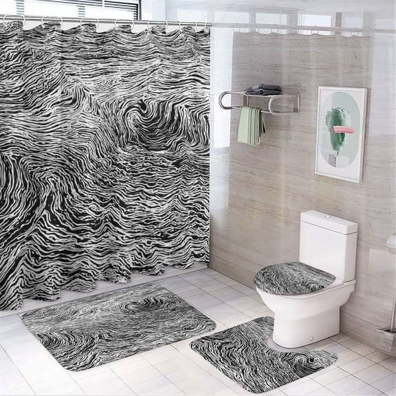 4Pcs Bathroom Shower Curtain Sets with Non-Slip Rugs, Marble Texture Toilet Lid Cover And Bath Mat，Set with 12 Hooks