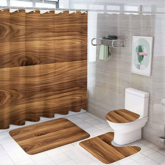 4Pcs Bathroom Shower Curtain Sets with Non-Slip Rugs, Wood Grain Texture Toilet Lid Cover And Bath Mat，Set with 12 Hooks