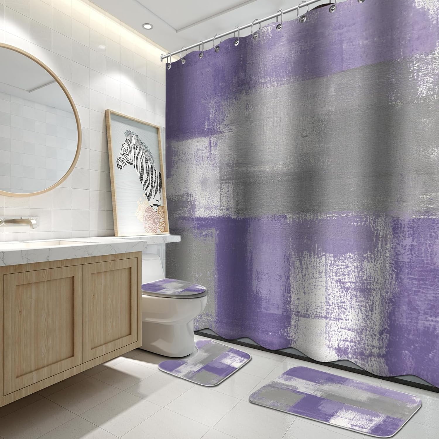 4Pcs Bathroom Shower Curtain Sets with Rugs,Brown Abstract Bathroom ...