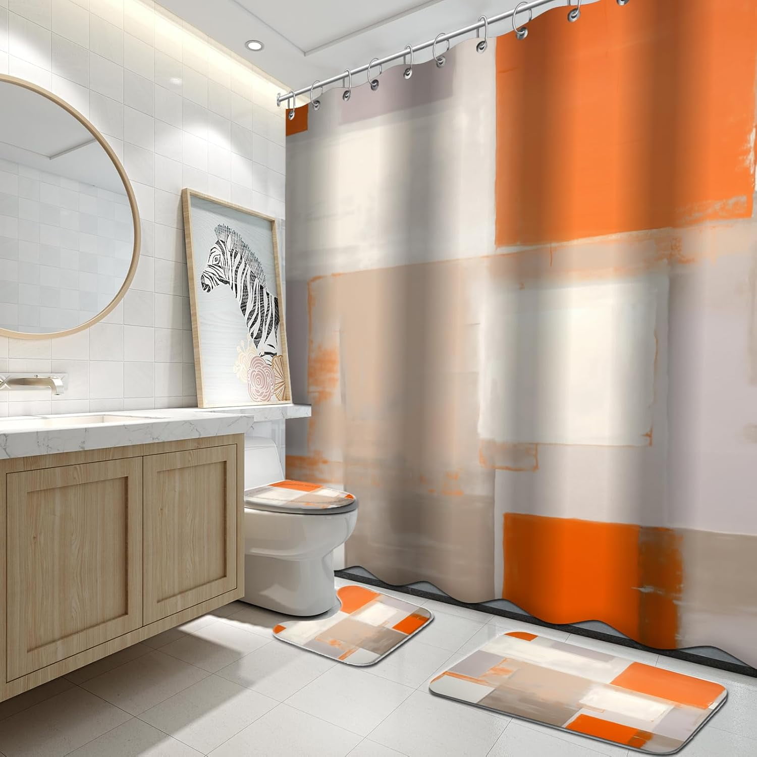 4Pcs Bathroom Shower Curtain Sets with Rugs,Blue Orange Painting Art ...