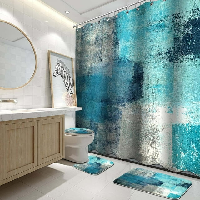 4pcs Bathroom Shower Curtain Sets With Rugs,turquoise White Painting 