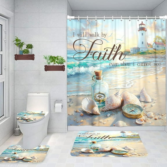 4Pcs Beach Ocean Shower Curtain Sets Bible Verse Quotes Inspirational Bathroom Decor Nautical Coastal Christian Shower Curtain and Rugs 4 Piece, Waterproof Bath Mat Carpet Toilet Bathroom Accessories