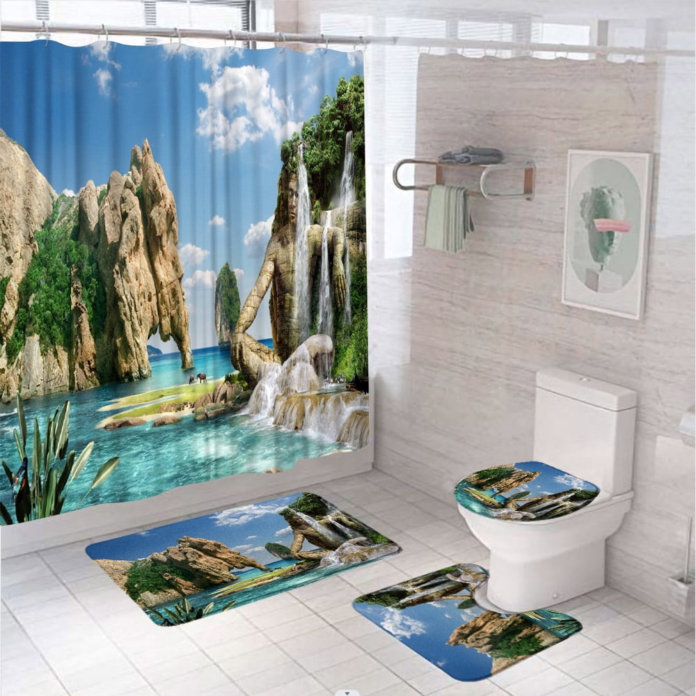 4Pcs Beach Palm Tree Shower Curtain Set Seaside Scenery Ocean Blue Sky