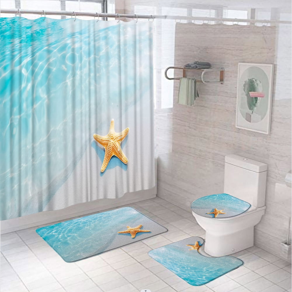 4Pcs Beach Star Seascape Shower Curtain Set Natural Scenery Blue Sea