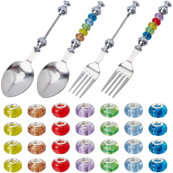 4Pcs Beadable Spoons and Forks with 28Pcs Rondelle Resin European Beads Beadable Fork Set Beadable Items Stainless Steel Spoon Fork Set Dessert Spoon for Party Favors DIY Beading Project DIY