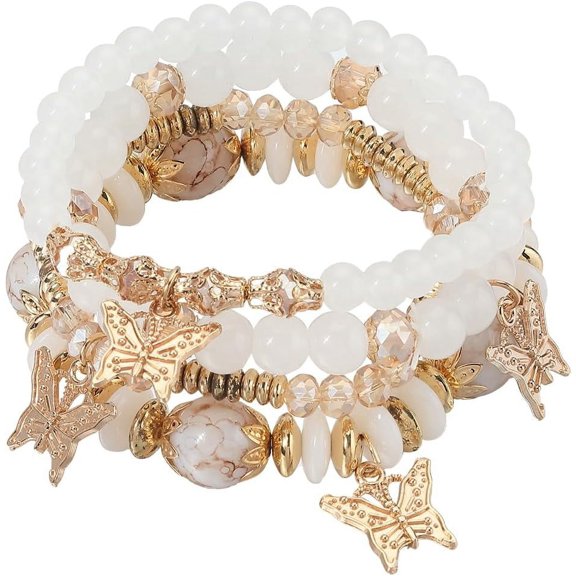 4Pcs Beaded Bracelet Sets Butterfly Stone Pendant Stackable Stretch Bracelet White Stack Beads Boho Bracelet Colorful Charm Jewelry for Summer Beach Party Supplies Women