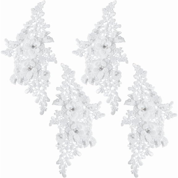 4Pcs Beaded Lace Appliques White Pearl 3D Flower Applique Polyester Embroidery Floral Rhinestone Sew on Patches for Sewing Making Dresses Clothes Wedding Gown Headpiece DIY Supply