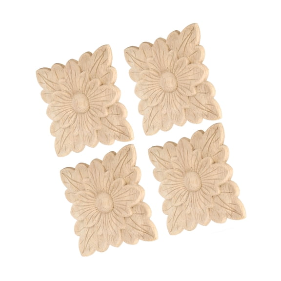 4Pcs Beautiful Flower Pattern Wood Carved Applique Furniture Decoration and Elegant Garden Door Wood Carving Accents (3.9 x 3.9 x 0.4 inches / 10 x 10 x 1 cm)