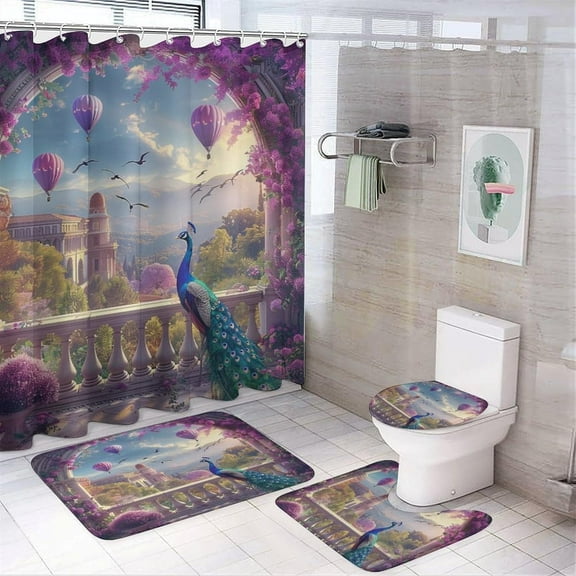 4Pcs Beautiful Lavender Floral Sunset Shower Curtain, Hot Air Balloon Peacock Plant Shower Curtain Sets with Toilet Lid Cover, U-Shaped Mat and Non-Slip Rugs, Bathroom Decor Set, 72" x 72"