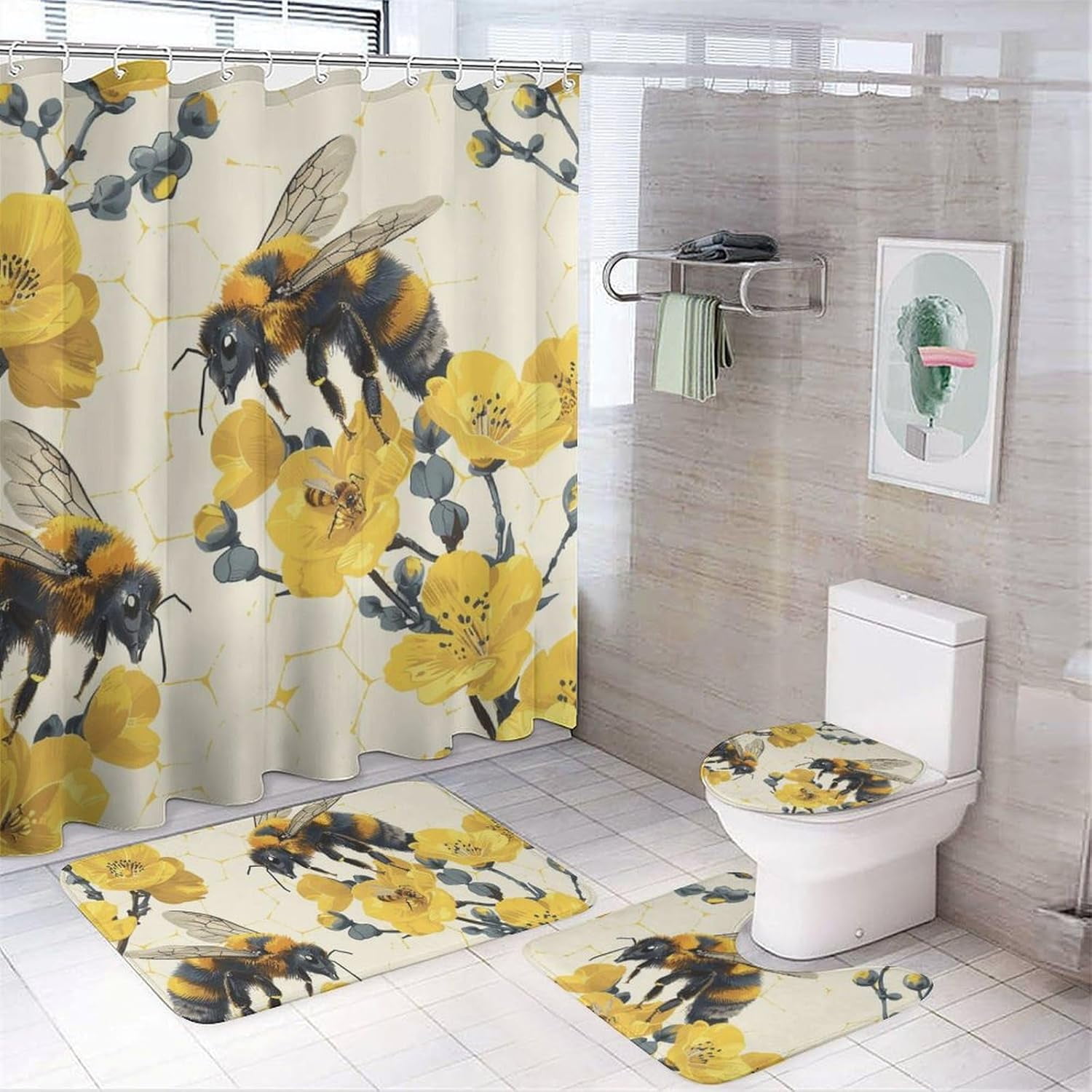 4Pcs Bee Honeycomb Shower Curtain Set, Non-Slip Rug Toilet Lid Cover ...